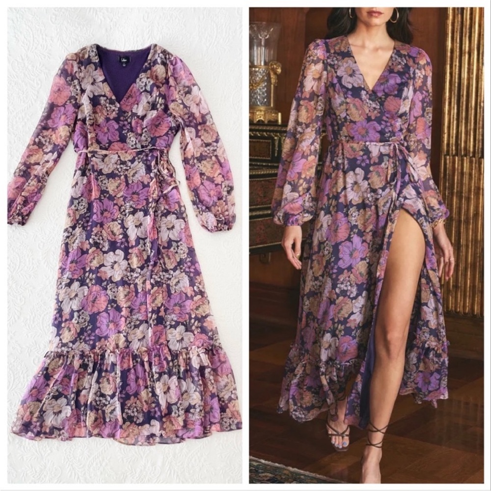 NWOT Lulus Feeling Sweet Purple Floral Print Long Sleeve Wrap Maxi Dress Large